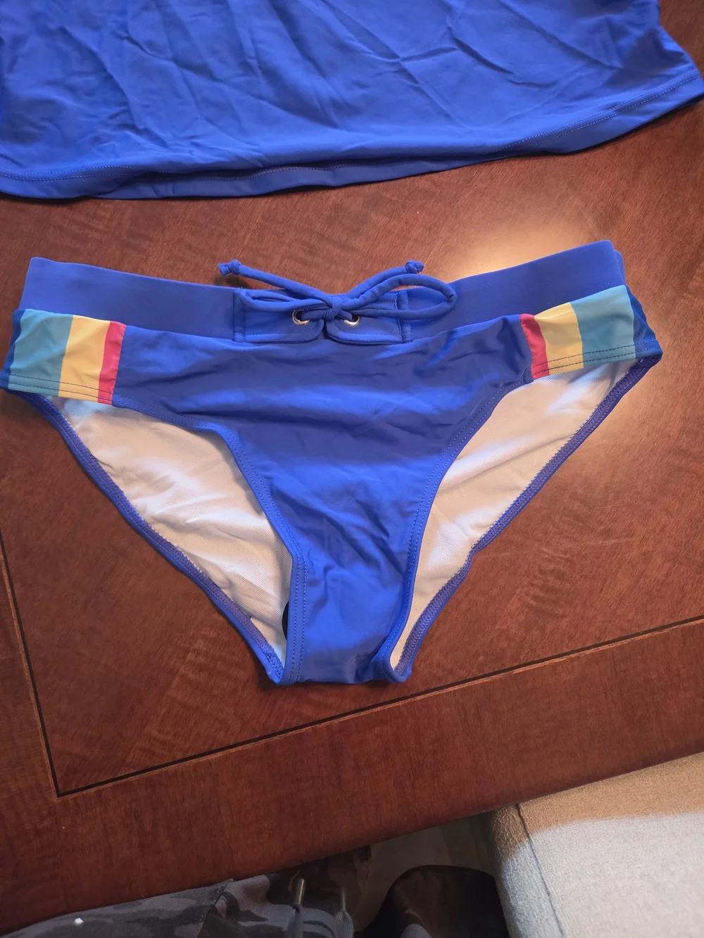 Girls' Blue Tankini Swim Set with Rainbow Stripes